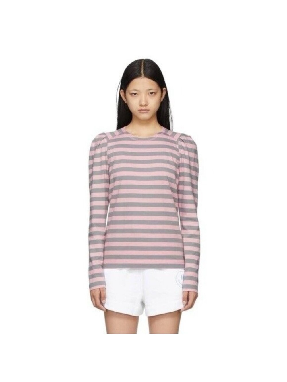 GANNI Pink and Gray Striped Long Sleeve Puff Sleeve Top Size Small